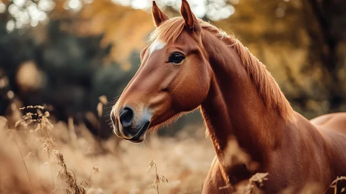 Chestnut horse in golden meadow light at gentle sunset.