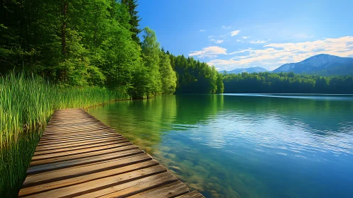 Sunlit wooden pier tiptoes into a glassy emerald mountain lake