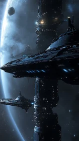 Orbital starbase towers above blue planet in deep space.