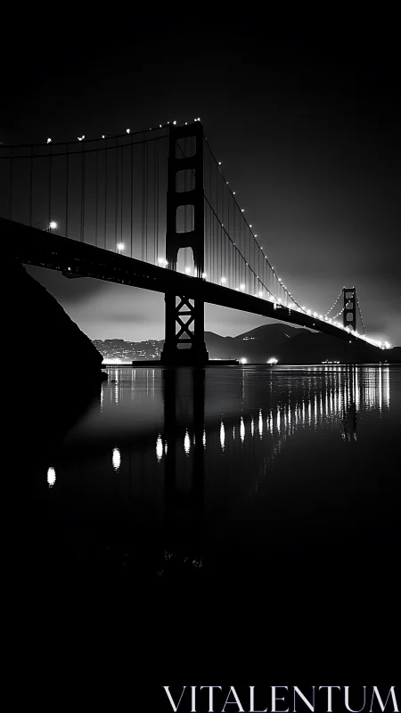 Nocturnal suspension bridge rendered in high-contrast monochrome