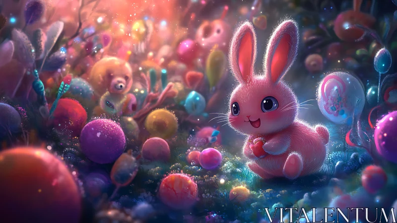 Pastel pink bunny in luminous candy forest environment.