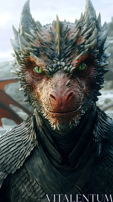 Gentle dragon knight gazes forward with quiet curiosity.