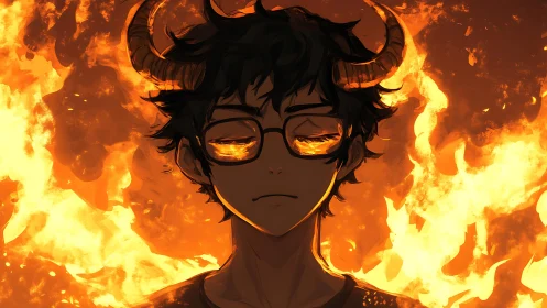 Horned youth stands before blazing inferno, eyes aflame.