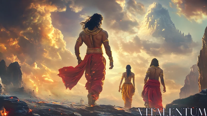 Mythic expedition toward volcanic peak under radiant clouds.