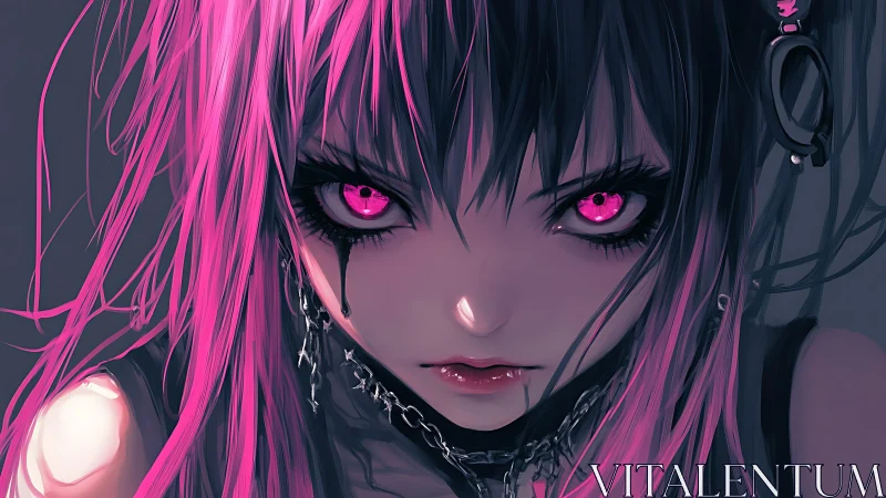 Neon magenta cyberpunk girl with intense gaze and metal chains