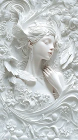 Monochrome bas-relief sylph entwined with baroque flora.