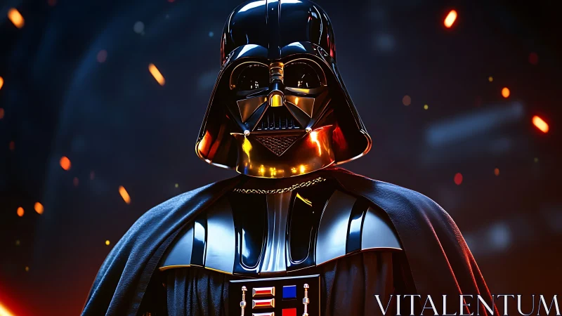 Armored sci fi figure in black helmet amid glowing sparks.