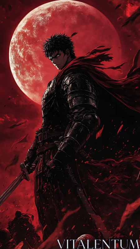 Blood-red moon crowns a lone armored swordsman in ruin.