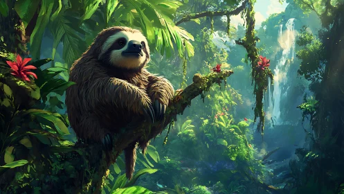 Digital sloth artwork in lush rainforest waterfall scene.