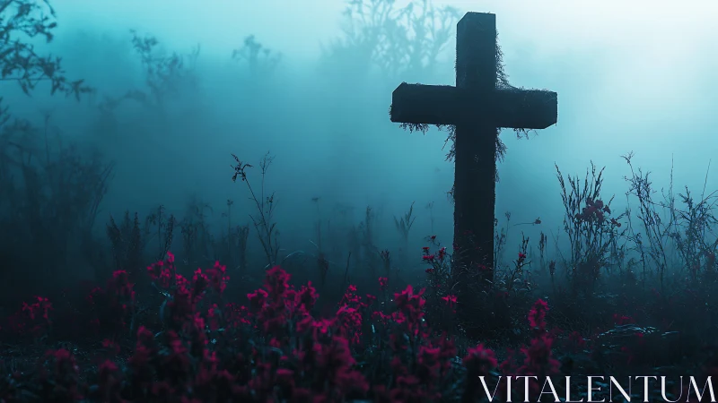 Fog-drenched graveyard cross amid neon crimson wildflowers.
