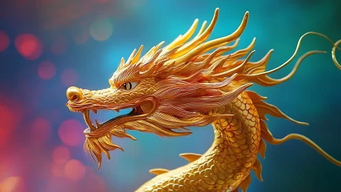 Golden dragon sculpture coils in luminous bokeh glow