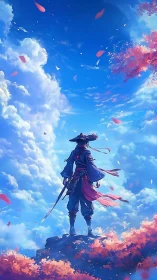 Skyward samurai gazing into drifting clouds and soft petals.