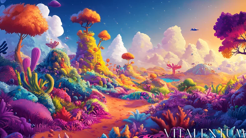 Vibrant alien landscape shows luminous plants under bright sky
