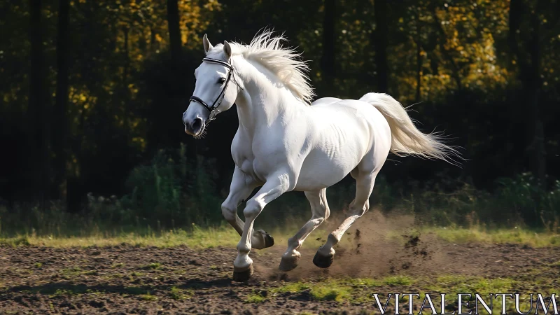 White horse charges across sunlit forest edge field.
