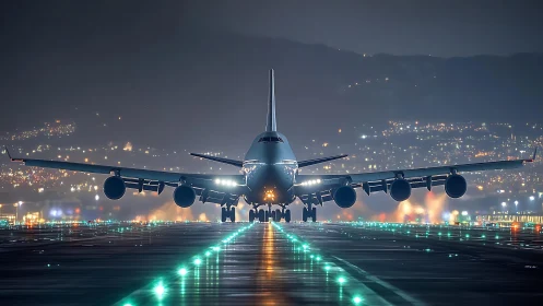 Nighttime widebody jet on illuminated city runway.