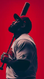 Baseball player profile with bat on red background.