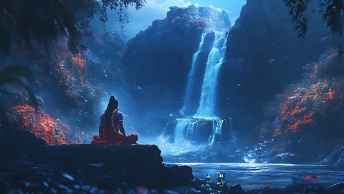 Mystic sage meditates by luminous waterfall in moonlit gorge