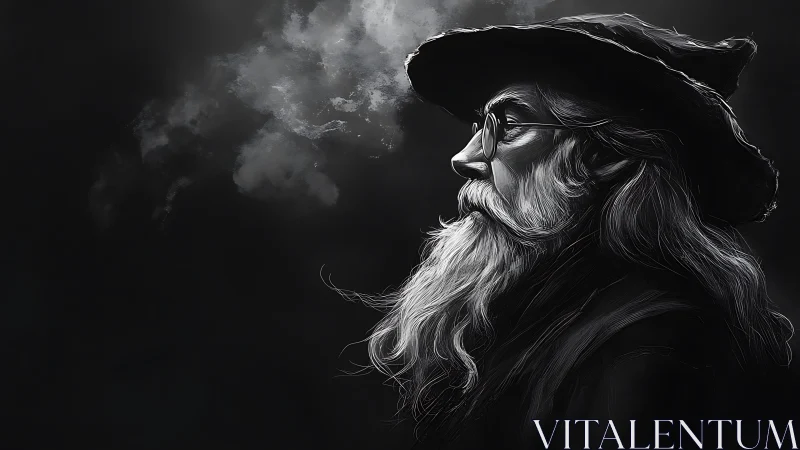 Monochrome profile portrait of elderly bearded man with smoke