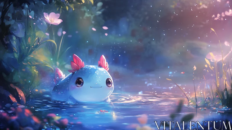 Whimsical axolotl in luminous fantasy forest pond scene.