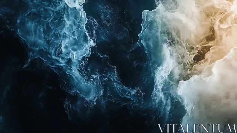 High-contrast fluid dynamics abstraction with blue and amber vortices