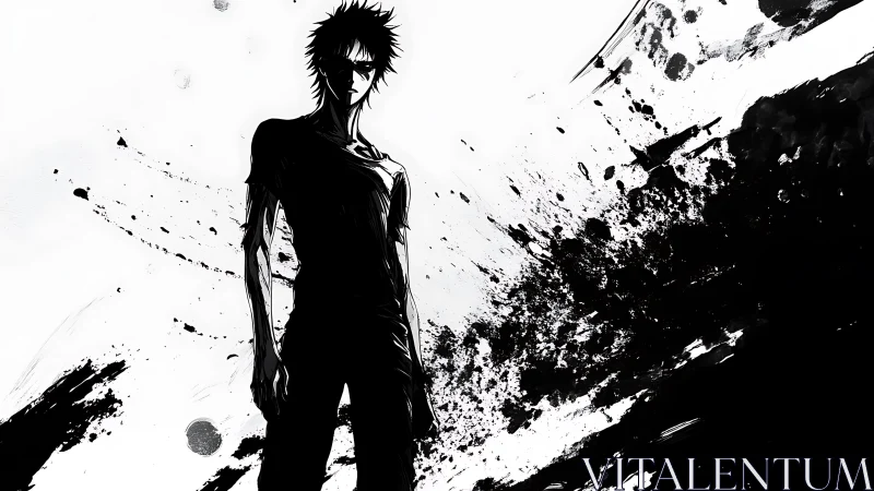 Shadowlit loner standing against a storm of ink and light.