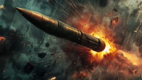 Fiery missile streak through stormy sky in vivid motion.