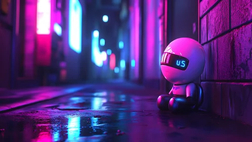 Chibi service robot in neon-lit cyberpunk alleyway at night