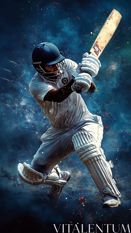 Galactic cover drive: cricketer cleaves sparks of stardust.