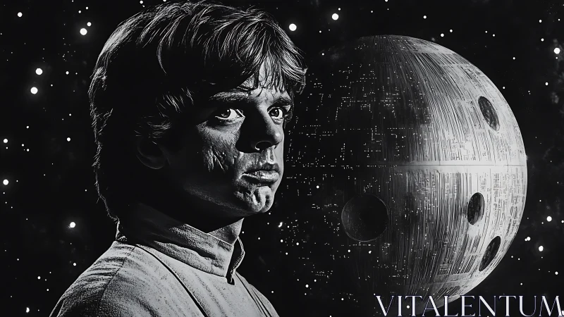 Young space hero framed against looming battle station