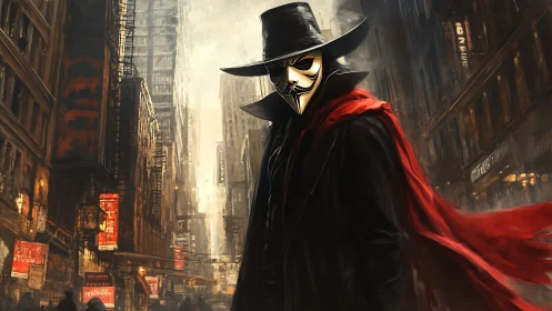Masked vigilante in red cloak dominates dystopian urban corridor