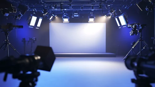 Television production studio with empty lit presentation stage.