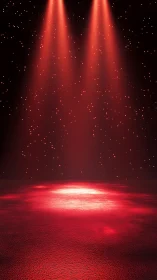 Red stage spotlights pour dramatic glow onto empty floor