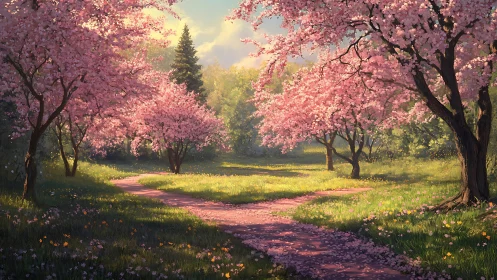 Sunlit spring path winding through pink blossom trees.