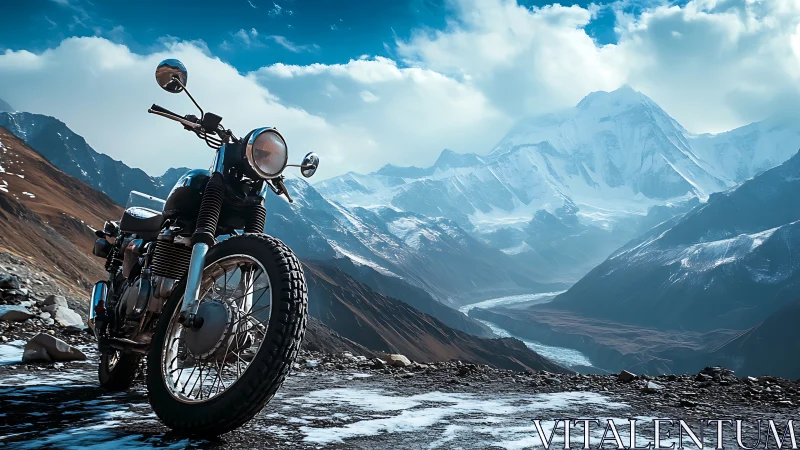 Motorcycle paused on a snowy ridge facing endless mountains.