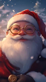 Snowflakes crown a rosy-cheeked Santa in soft twilight