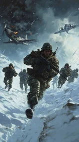 Infantry squad storms frozen ridge under aerial assault.