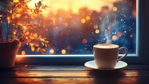 Cozy window coffee under twinkling evening lights.