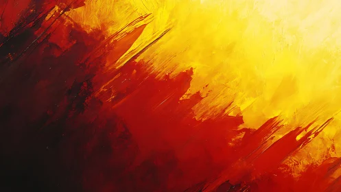 Abstract expressionist work with layered red and yellow paint strokes