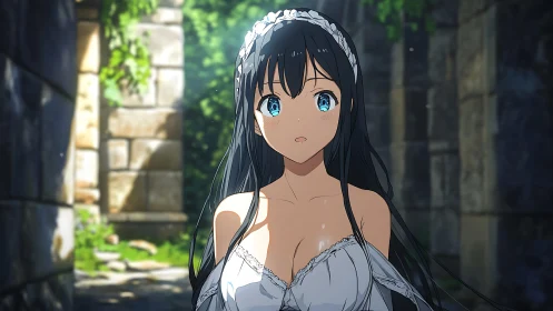 Quiet discovery with a blue-eyed girl in sunlit ruins.