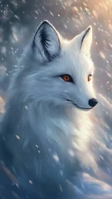 White fox profile in diffuse winter light with snow particles.