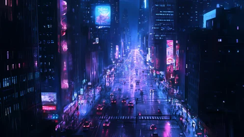 Neon city avenue glows through rainy cyberpunk nightscape.