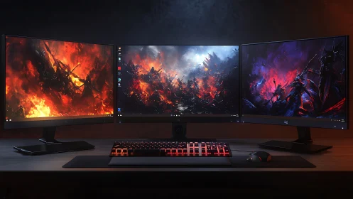 Triple gaming monitor setup glows with fiery battle art