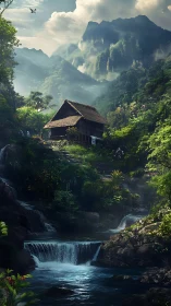 Hidden riverside cabin cradled by misty emerald mountains.