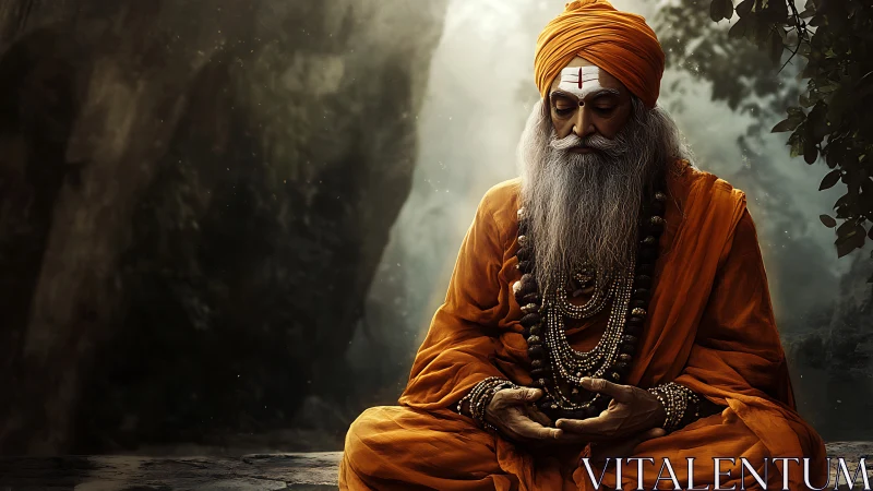 Elderly sage in orange robes seated in forest setting.