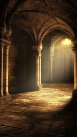 Golden dusk through the arches of a quiet stone cloister.