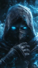 Digital painting of hooded spectral assassin in blue aura.