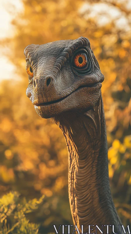 Curious velociraptor portrait under golden sunset light.