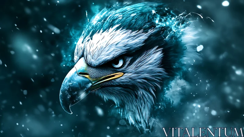 Majestic eagle head in icy digital art with intense blue tones.