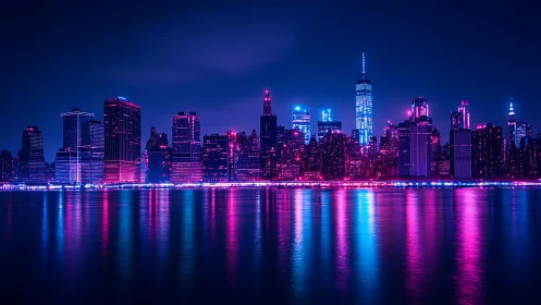 Neon-lit city skyline reflects in calm waterfront at night