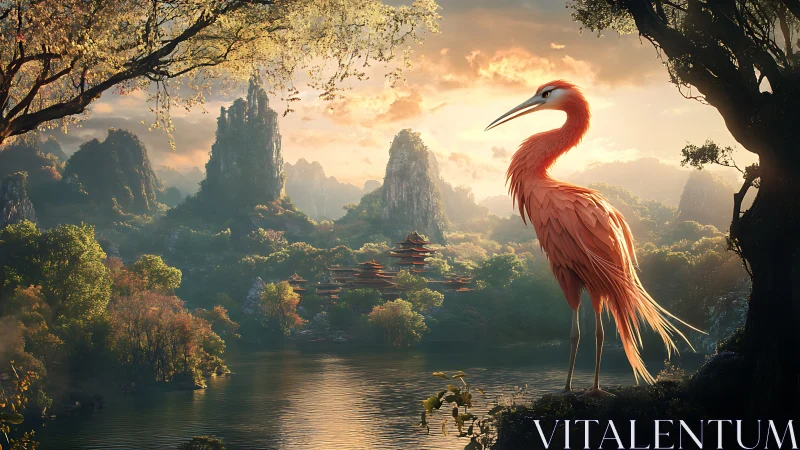 Red heron overlooks misty lake and distant pagoda valley.